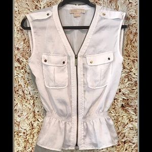 MICHAEL KORS || Sleeveless Peplum Full Zip Blouse in White+Gold Hardware - SZ XS
